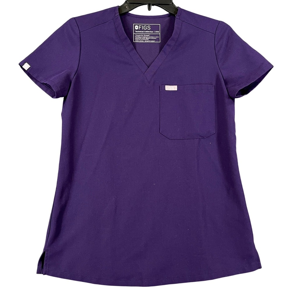 FIGS Catarina Scrub Top Womens XXS Purple V-Neck Chest Pocket Medical